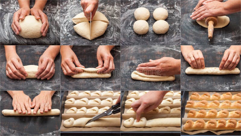 Step by step preparation of bread. French baguette. Forming `Tail of the Dragon`. bread cooking. collage. Step by step preparation of bread. French baguette. Forming `Tail of the Dragon`. bread cooking. collage