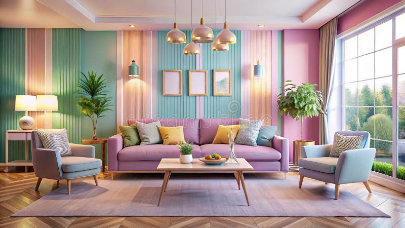 AIGenerated Pastel Living Room Design Stunning Panoramic Views Modern Comfort stock illustration