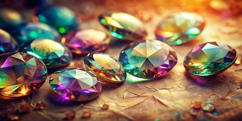 Enchanted Treasures A Vintage Still Life of Iridescent Gems and Antique Jewelry Showcasing Opalescent Brilliance and vector illustration