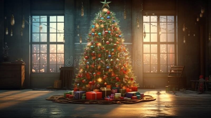 Enchanting Christmas Magic - Adorned Tree in a Blurred Light Aura Stock Illustration 