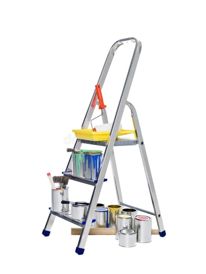 Stepladder with paint cans and brushes