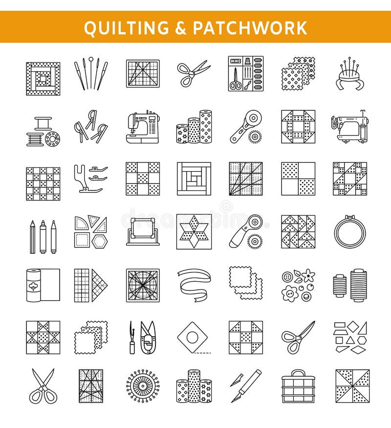 Quilting & patchwork. Supplies and accessories for sewing quilts from fabric squares & blocks. Different tools, patterns for quilters. Vector line icon set. Isolated objects on white background. Quilting & patchwork. Supplies and accessories for sewing quilts from fabric squares & blocks. Different tools, patterns for quilters. Vector line icon set. Isolated objects on white background.