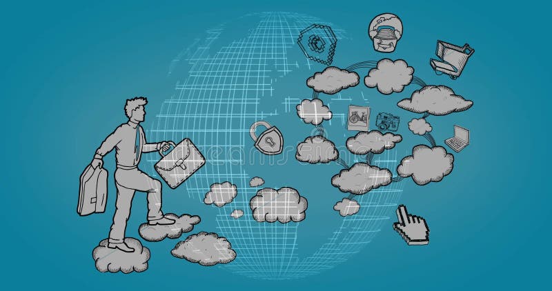 Stepping businessman crossing clouds on cloud platform, with briefcase and padlock icon, copy space vector illustration