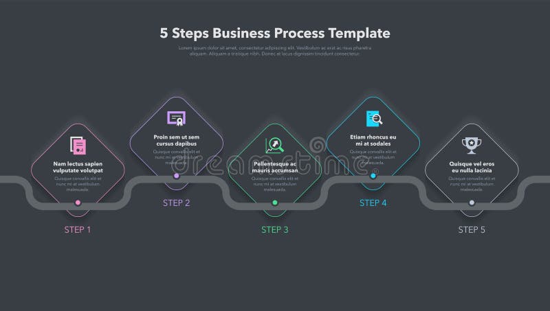 Modern business process template with 5 steps - dark version vector illustration
