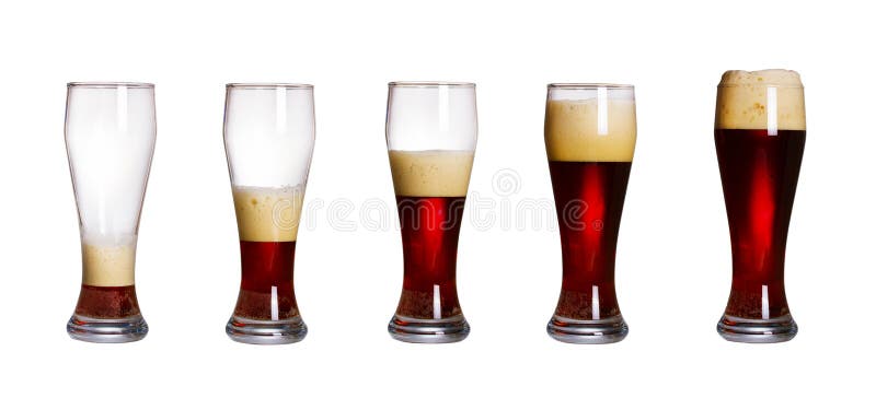 Steps of filling glass of beer, isolated on white background. Set of glasses of cold dark beer with foam. royalty free stock photography