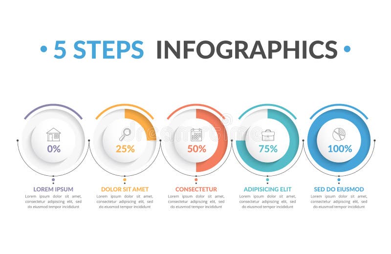 Infographic šablona s pěti kolo ukazatele pokroku, pět kroků infografiky, pracovního postupu, diagram procesu.