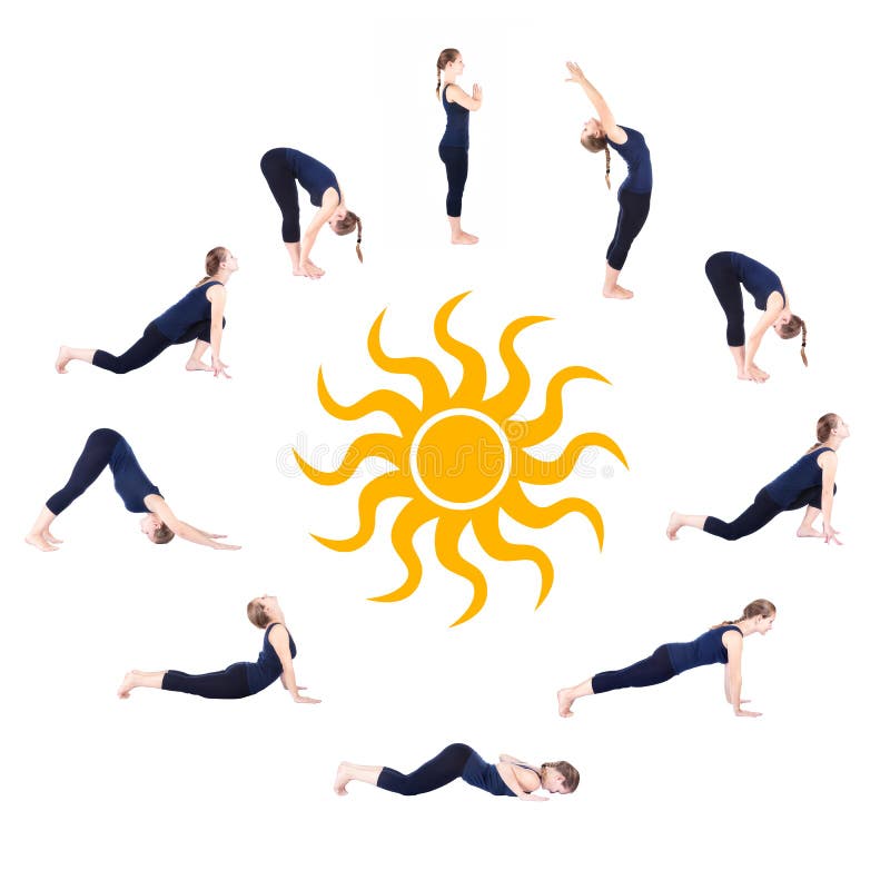 Bella Caucasica donna in blu Capri e far dieci passi di surya namaskar, il saluto al sole di Esercizi a sfondo bianco con il sole al centro.