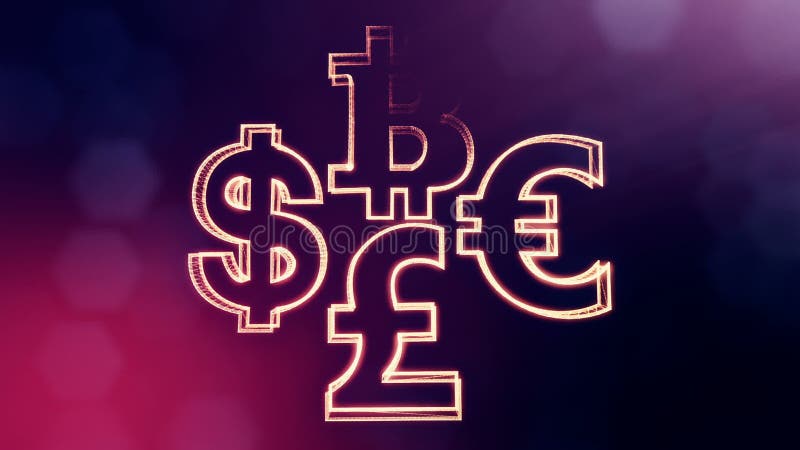 Sterlina del dollaro del bitcoin di simbolo euro Fondo finanziario fatto delle particelle di incandescenza come ologramma vitrtua