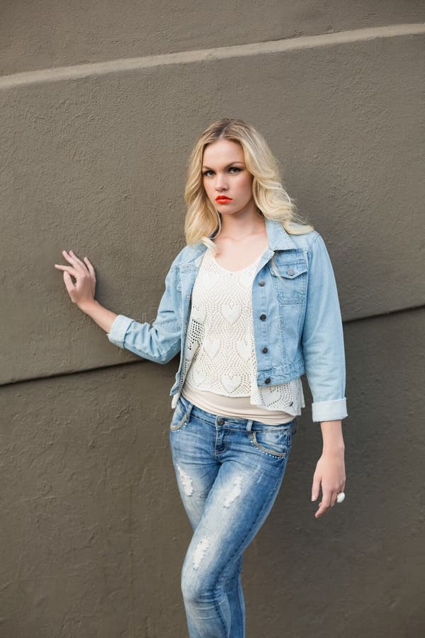 Pretty Blonde Wearing Denim Clothes Posing Outdoors Stock Photo - Image ...