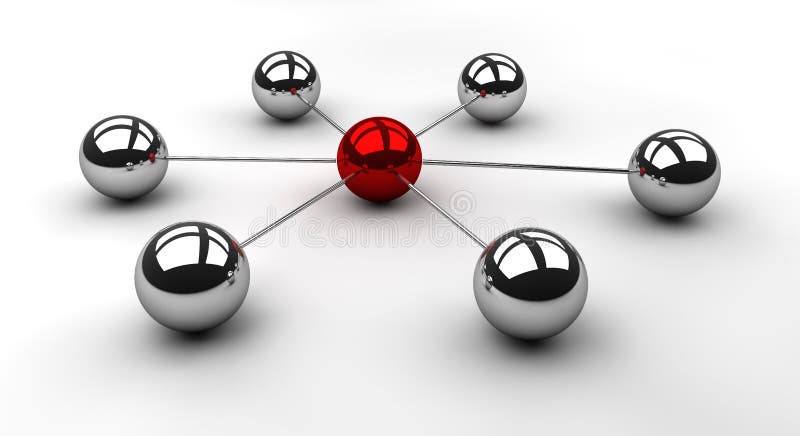 Connected chrome spheres with a red ball in the middle to illustrate a network topology as well as the concept of dependency on one individual. Connected chrome spheres with a red ball in the middle to illustrate a network topology as well as the concept of dependency on one individual.