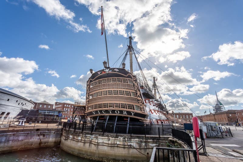 Stern view of HMS Victory, Lord nelson`s flagship, on display at Portsmouth Dockyard, Hampshire, UK