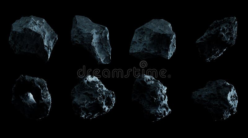 Dark rock asteroid pack on black background 3D rendering. Dark rock asteroid pack on black background 3D rendering