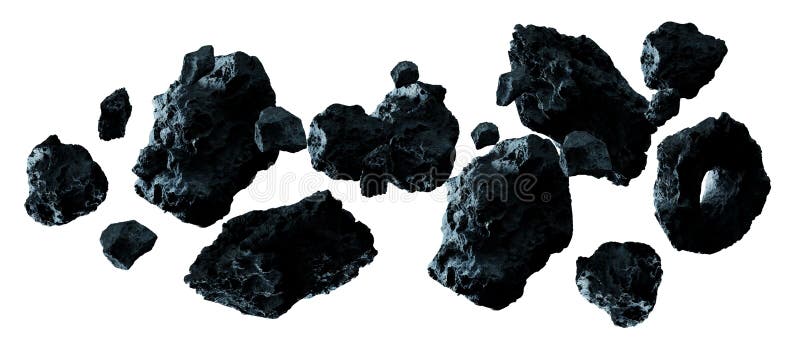 Dark rock asteroid pack on white background 3D rendering. Dark rock asteroid pack on white background 3D rendering