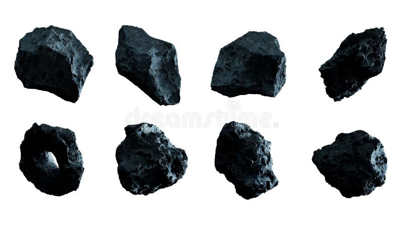 Dark rock asteroid pack on white background 3D rendering. Dark rock asteroid pack on white background 3D rendering