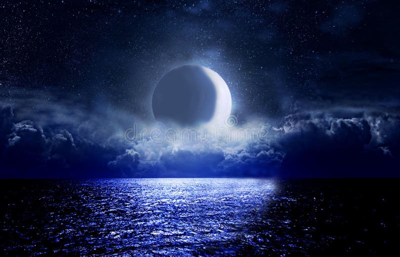 Fairy Crescent shines above the starry night sky, honeymoon, sweet dreams, new moon over the sea at night. Fairy Crescent shines above the starry night sky, honeymoon, sweet dreams, new moon over the sea at night