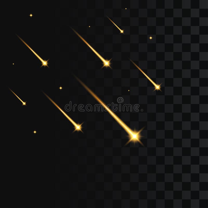 Sternschnuppen auf transparente Hintergrund Fallender Goldstern, -meteorit oder glühendem -komet mit goldenem Licht Vektor stock abbildung