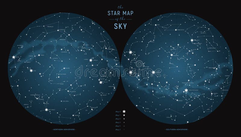 Star constellations around the poles. Nothern and Southern high detailed star map with symbols and signs of zodiac. Star constellations around the poles. Nothern and Southern high detailed star map with symbols and signs of zodiac.