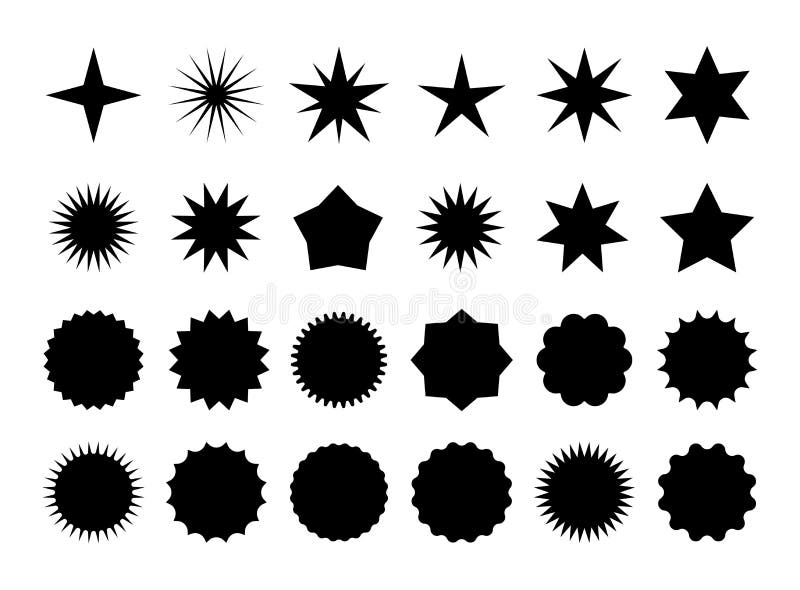Sterrenburststicker Zwarte platte prijstags explosie silhouettes, starburst retro sale badge Vectorillustratie