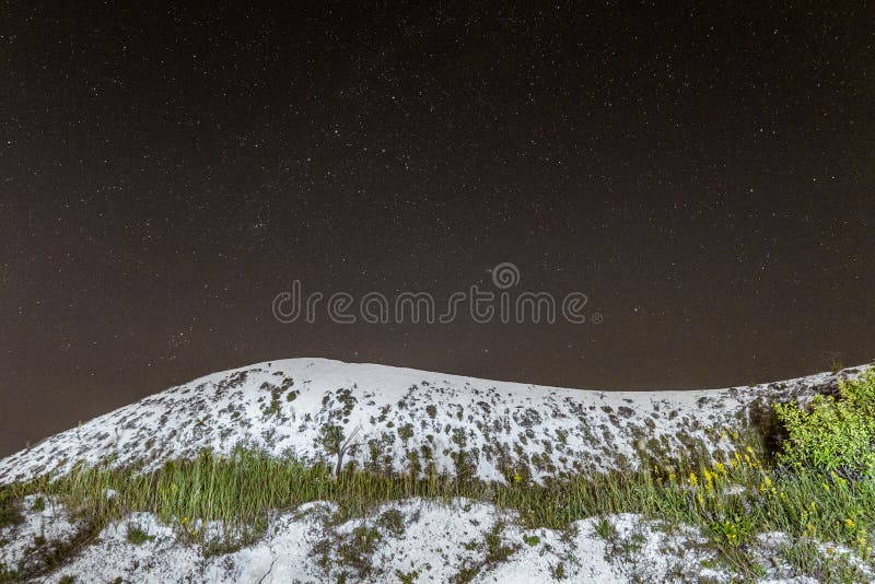 Sterrige nachthemel over de witte krijtachtige heuvel Nacht natuurlijke scape met krijtrand stock fotografie Sterrige nachthemel over de witte krijtachtige heuvel Nacht natuurlijke scape met krijtrand stock fotografie