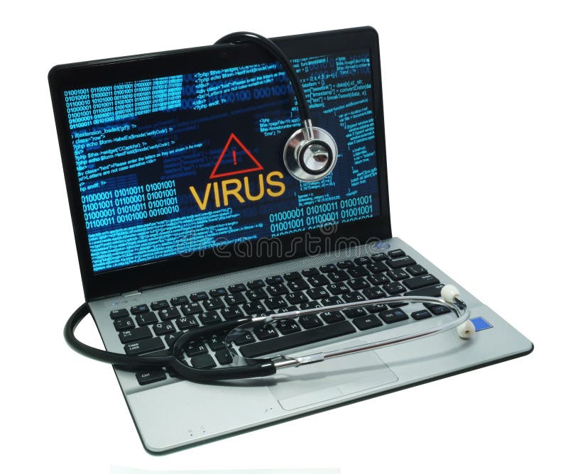 Stethoscoop op laptop met virus royalty-vrije stock foto Stethoscoop op laptop met virus royalty-vrije stock foto