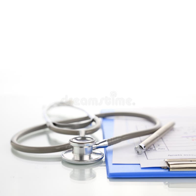 Stethoscope on blue medical clipboard