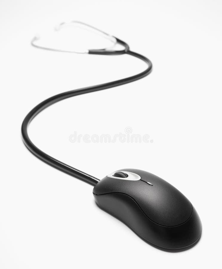 Stetoskop počítačovej myši lekárske online konceptu na bielom pozadí.