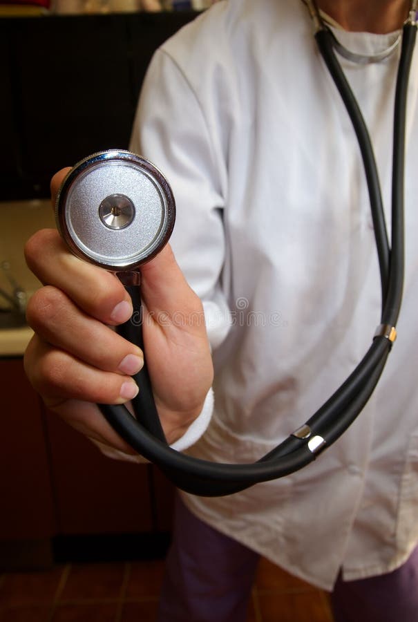 Stethoscope on doctor in white lab coat