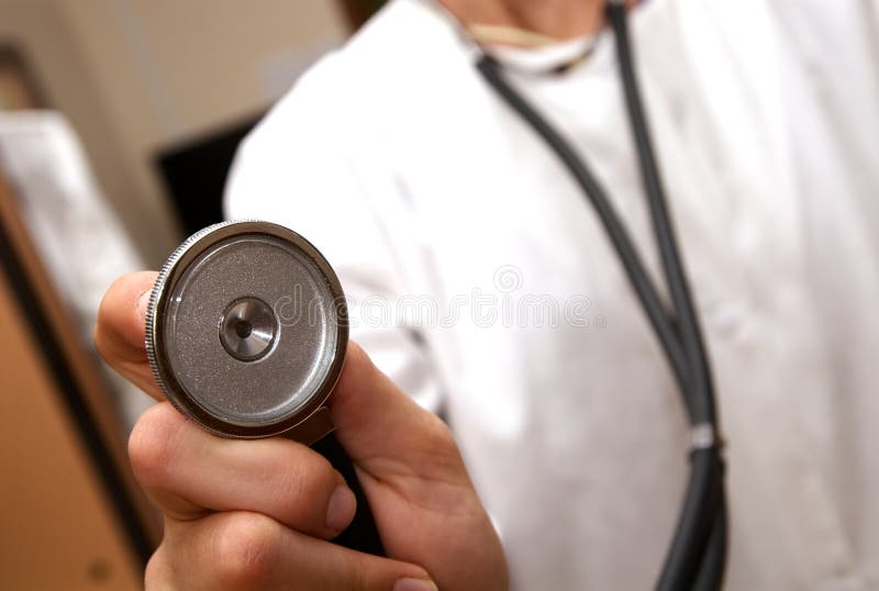 Stethoscope on doctor in white lab coat