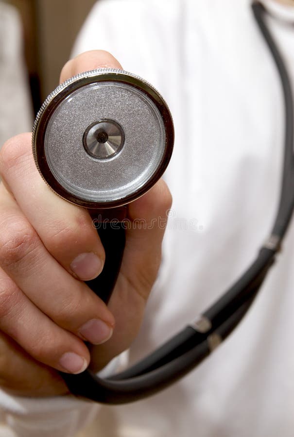 Stethoscope on doctor in white lab coat