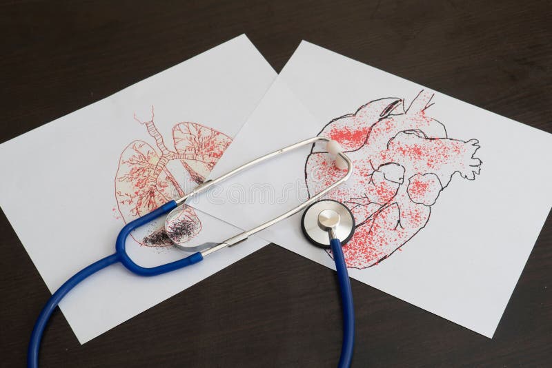 A stethoscope with medical illustrations of the respiratory and circulatory system on a table