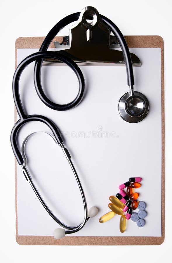 Stethoscope and medicine on clipboard