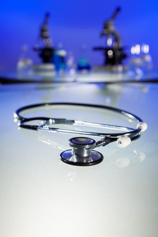 Stethoscope and Microscopes in a Medical Research Lab or Laboratory Stock Image Image of