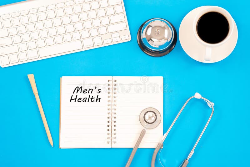 Stethoscope on notebook and pencil with men`s health words as me