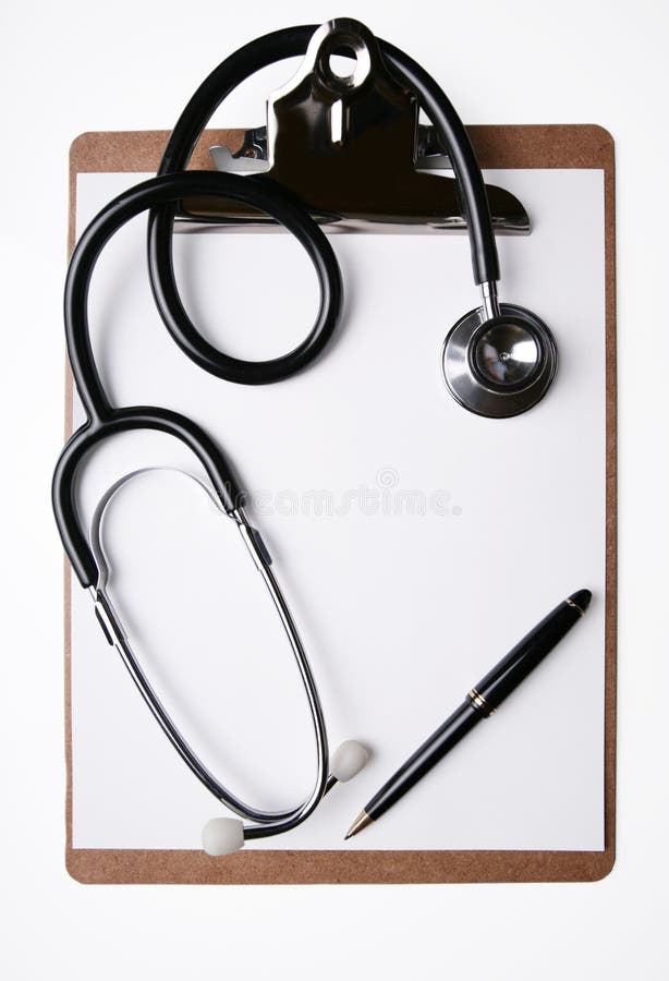 Stethoscope and pen on clipboard