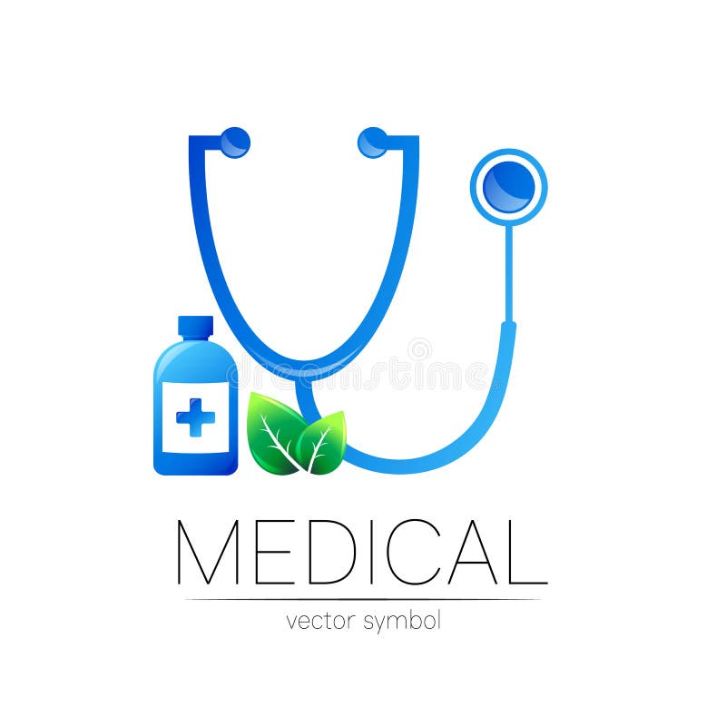 Stetoscop cu cruce în flacon și lasă sigtipul vectorului în culoare albastră. simbolul medical al spitalului medical și stock illustration