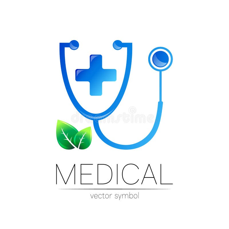 Stetoscop cu cruce și cu frunze de logotip vectorial în culori albastre. simbolul medical al spitalului medical și royalty free illustration