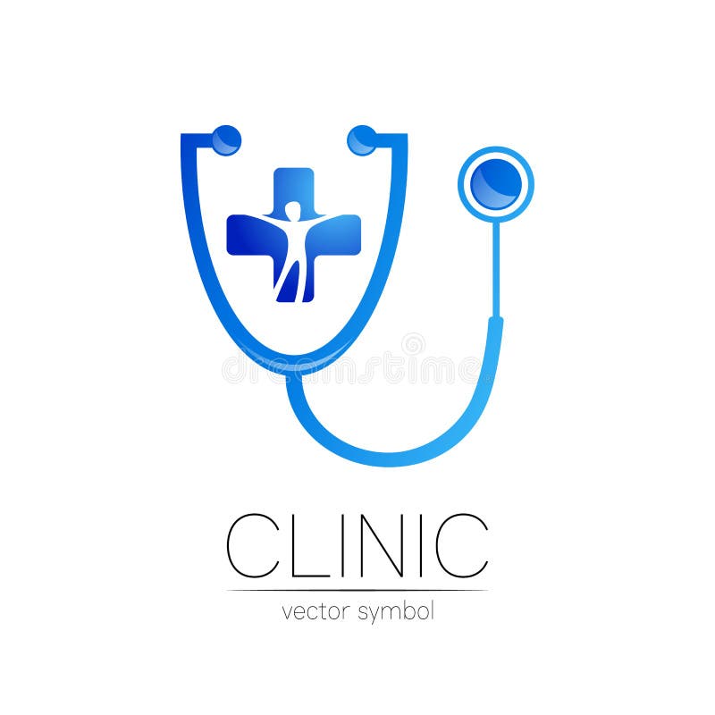 Stetoscop cu logotip de tip transversal și de tip vector al omului în culori albastre. simbolul medical al spitalului medical și a vector illustration