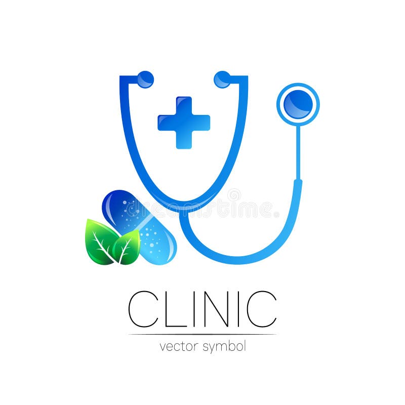 Stetoscop tabletă cu frunze verzi și sigle vectoriale încrucișate cu culoare albastră. simbolul medical al spitalului medical și stock illustration