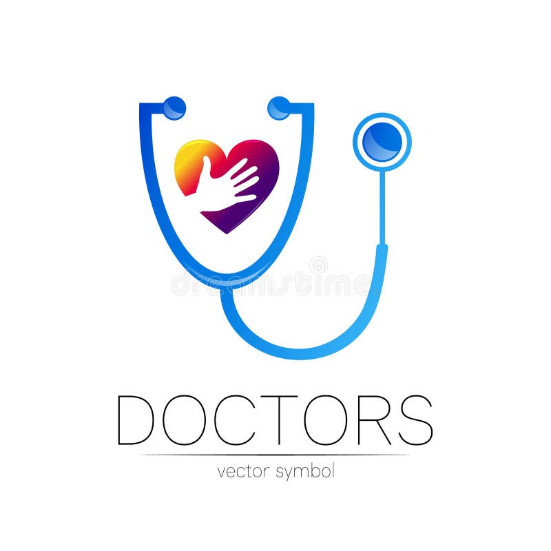 Stetoscop și inimă cu logotip de vector al mâinii umane în albastru. simbolul medical al spitalului medical și royalty free illustration