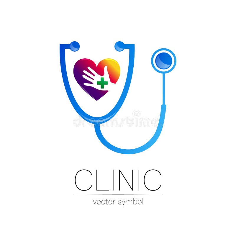 Stetoscop și inimă cu logotip de vector al mâinii umane în albastru. simbolul medical al spitalului medical și stock illustration