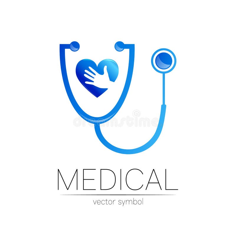 Stetoscop și inimă cu logotip de vector al mâinilor în culori albastre. simbolul medical al spitalului medical și vector illustration