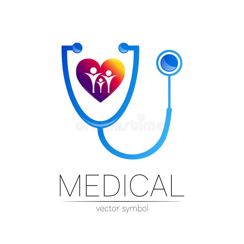 Stetoscop și inimă cu logotip de vector familial în culori albastre. simbolul medical al spitalului medical și royalty free illustration