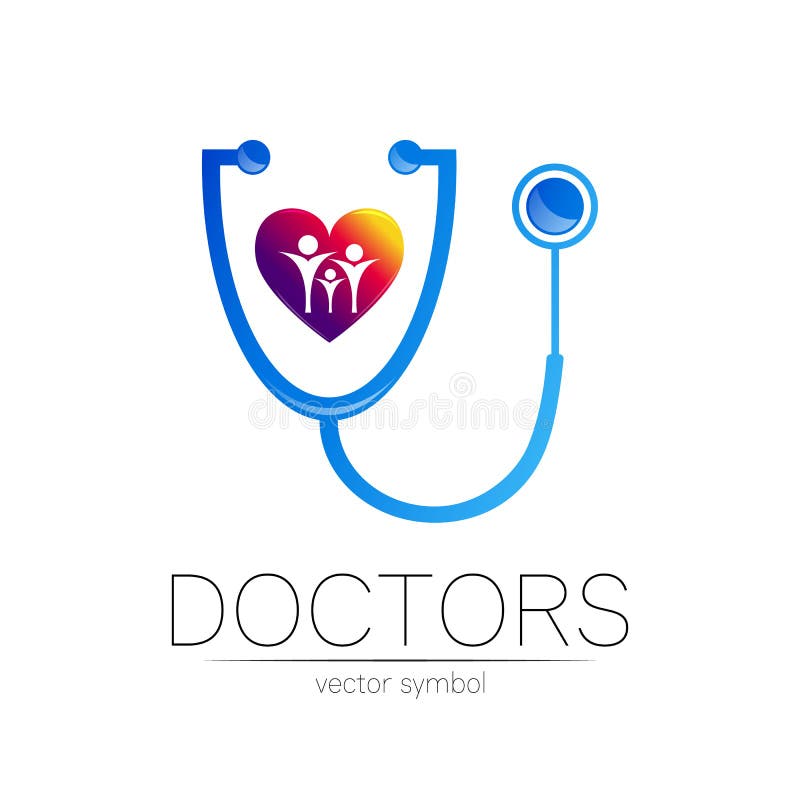 Stetoscop și inimă cu logotip de vector familial în culori albastre. simbolul medical al spitalului medical și royalty free illustration