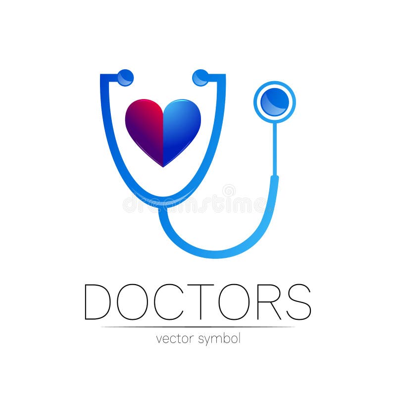 Stetoscop și logotip de vector al inimii umane în culori albastre. simbolul medical al spitalului medical și al diagnosticului vector illustration