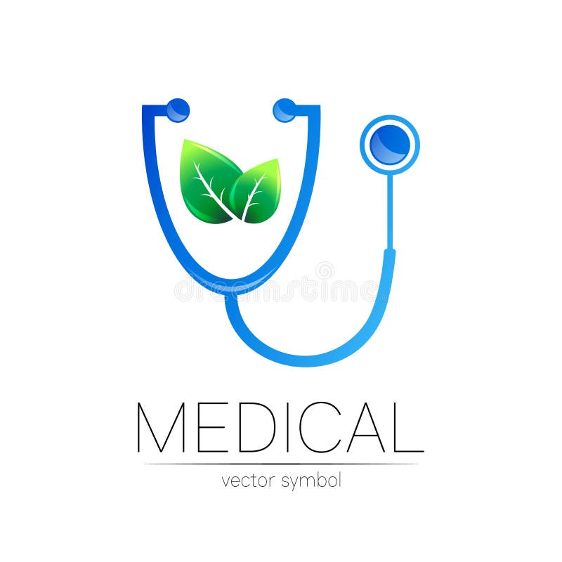 Stetoscop și siglă vectorială pentru frunze în culori albastre. simbolul medical al spitalului medical și al diagnosticului. moder royalty free illustration