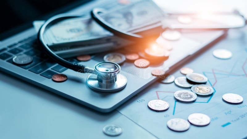 Stetoskop i monety z kasetą gotówki na laptopie. wykres danych dotyczących wzrostu gospodarczego w raporcie kondycji obraz stock