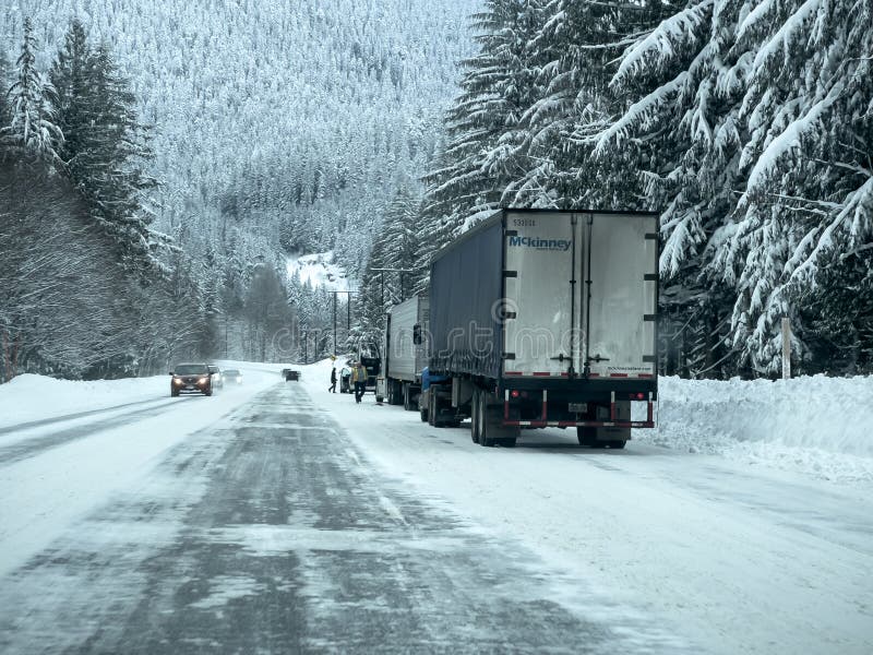 Stevens Pass, WA USA Circa December 2022 Wide View of Vehicles