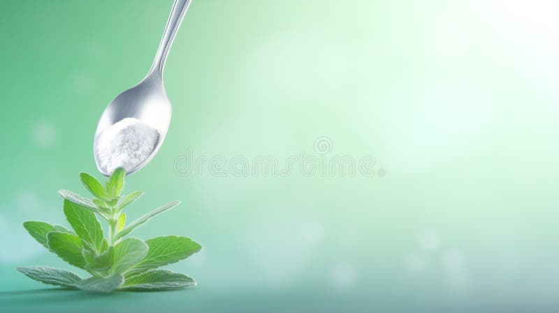 Stevia-sockerbanderoll. sked fylld med stevia-pulver och stevia-planta på ljusblå baksida med kopieringsutrymme. naturlig stock illustrationer
