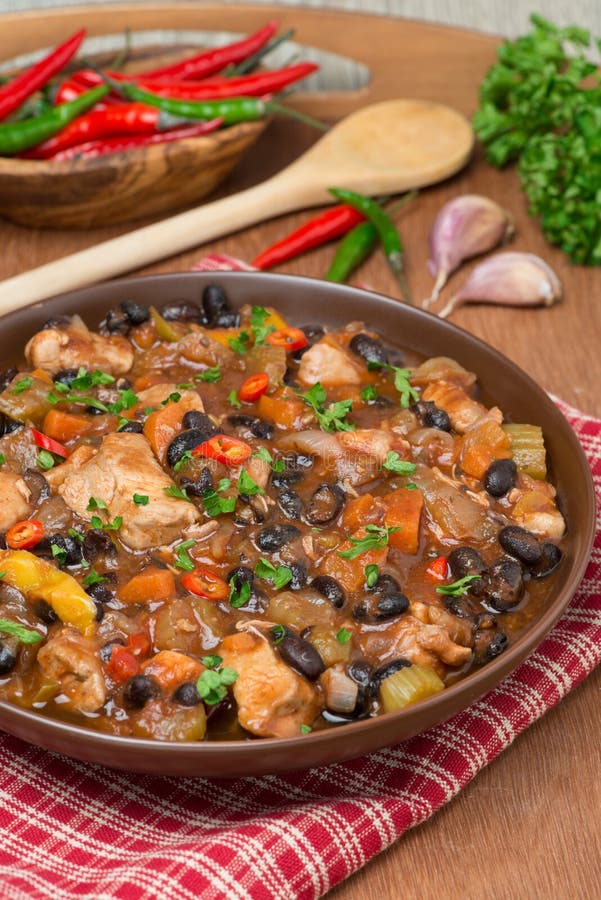 Stew with Black Beans, Chili, Chicken and Vegetables, Closeup Stock
