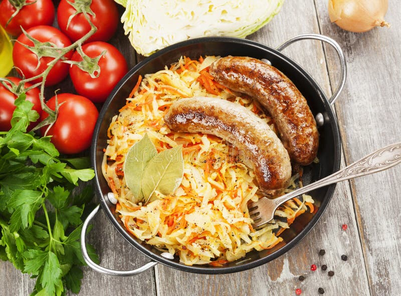 Stewed Cabbage with Fried Sausage Stock Photo Image of garnish
